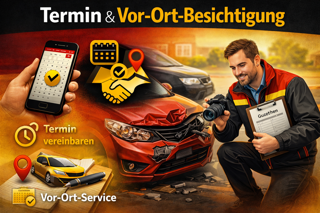 KFZ-Gutachter begutachtet ein beschädigtes Fahrzeug