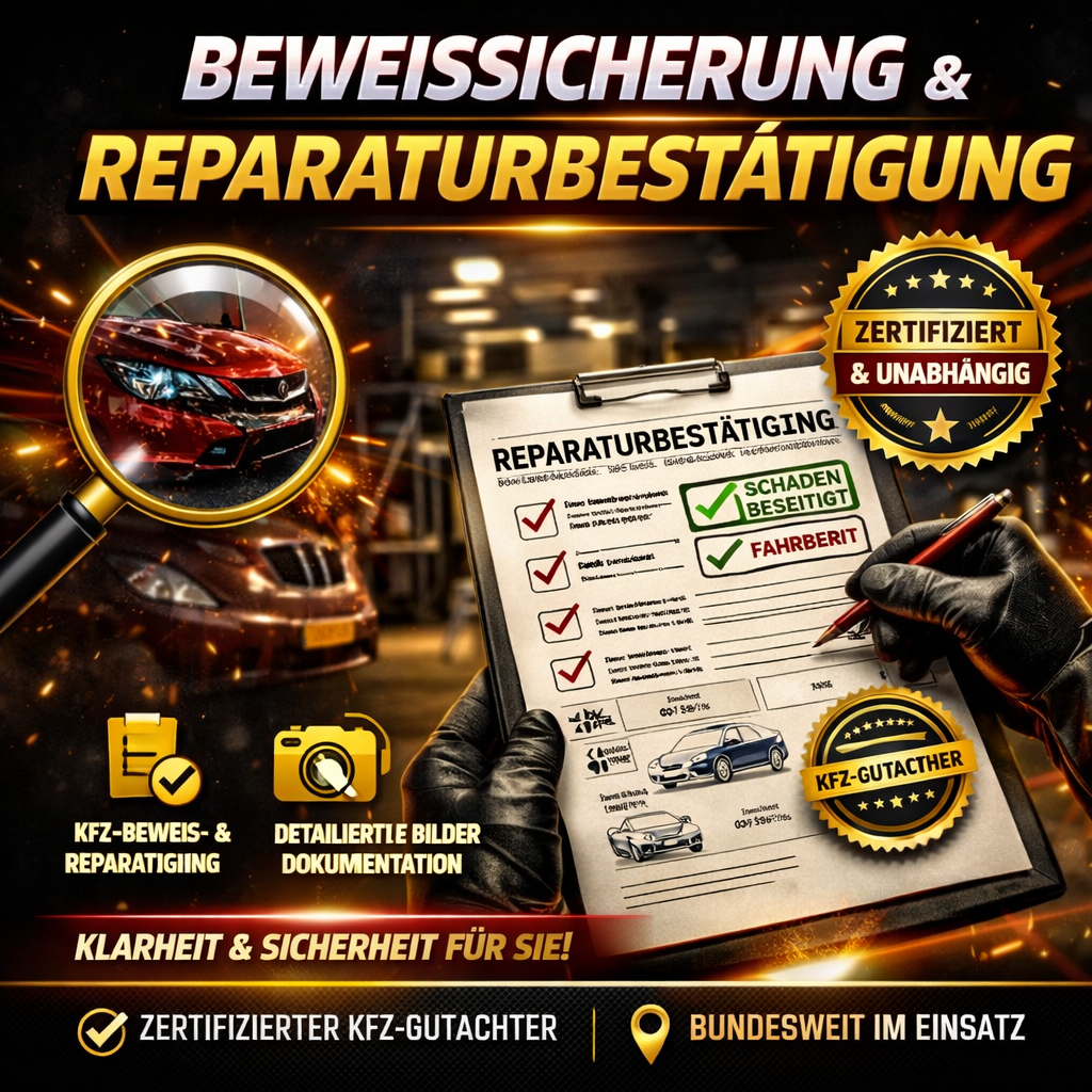 Werkstatt repariert Fahrzeug, Gutachter dokumentiert